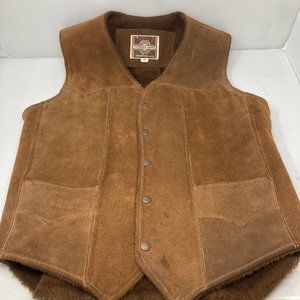 Vintage Pioneer Wear Leather Vest Mens 38 Brown Suede Faux Fur Lined Western